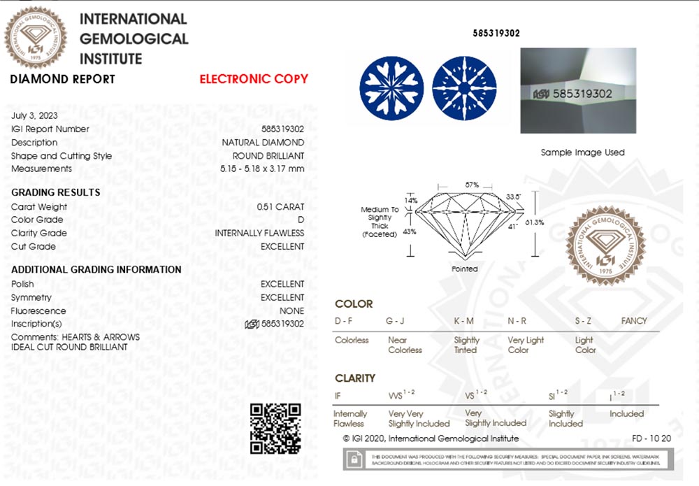 IGI-Zertifikat 585319302 Diamant-Brillant 0,51 Karat D IF 3x Exzellent