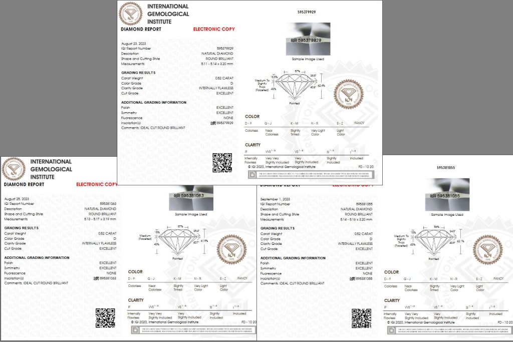 IGI-Zertifikate 3 Halbkaräter Anlagediamanten